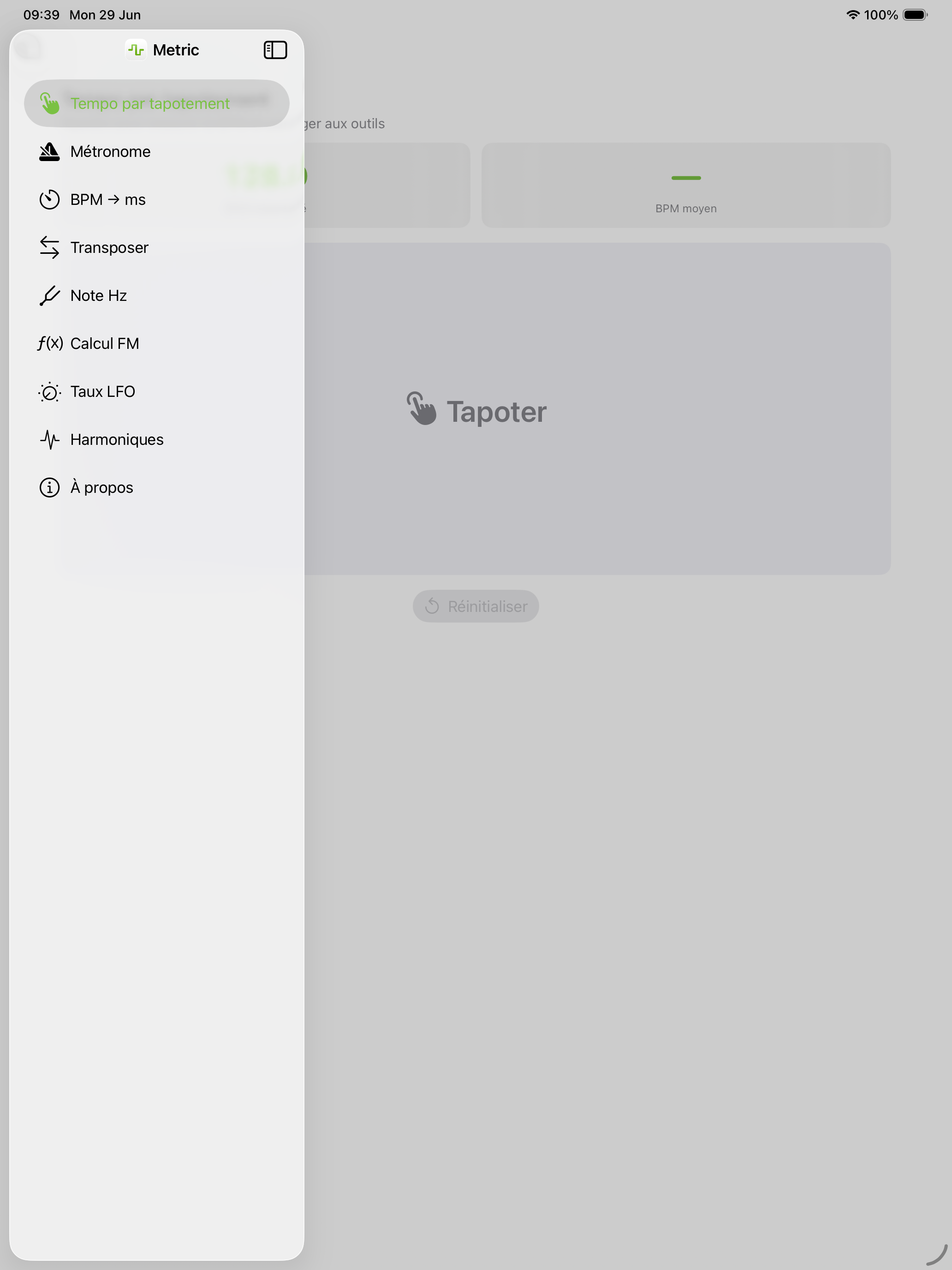 Tap Tempo avec barre latérale sur iPad en portrait